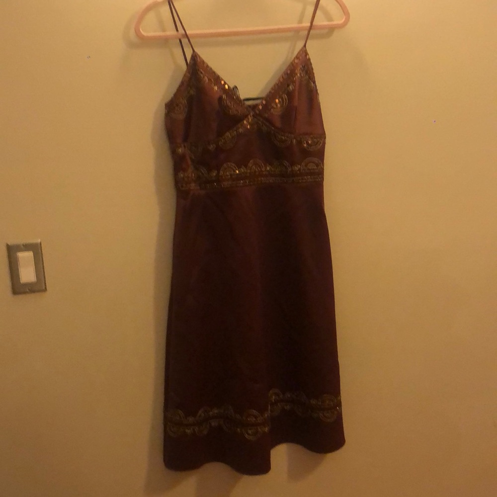 Early aughts copper satin beaded midi dress